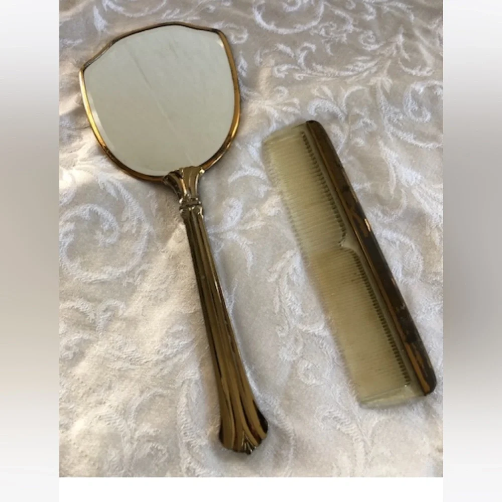 Vintage Handheld Tarnished Mirror GemLite Gold Toned Comb Art Deco Cosplay